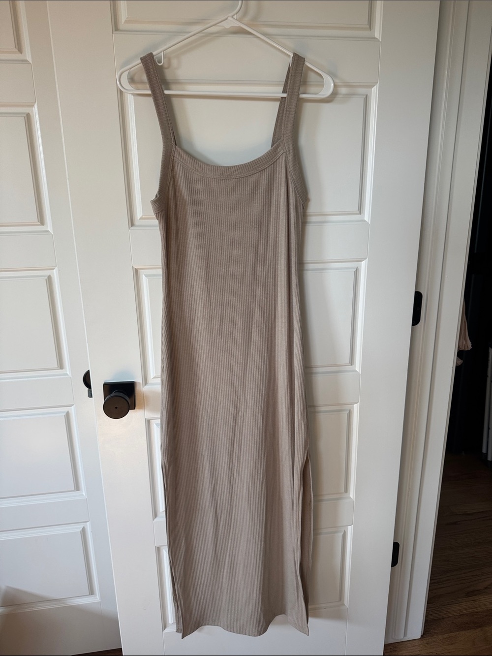 Tyche Ribbed Maxi Dress in Taupe